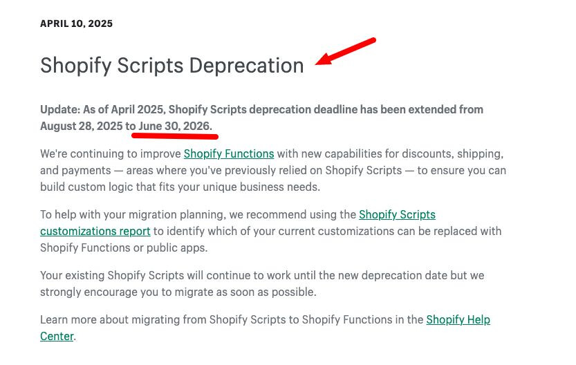 Shopify Scripts sunset warning for June 30 2026