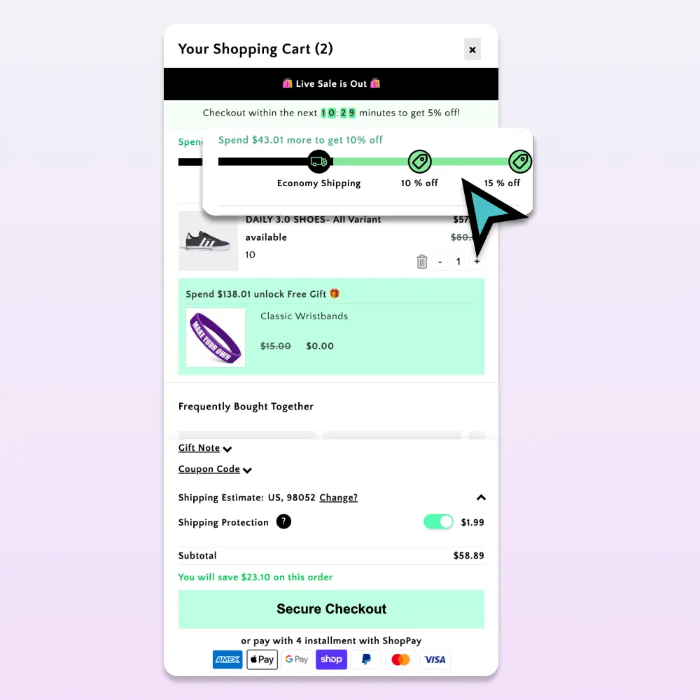 In-checkout upsells and reward progress bar example
