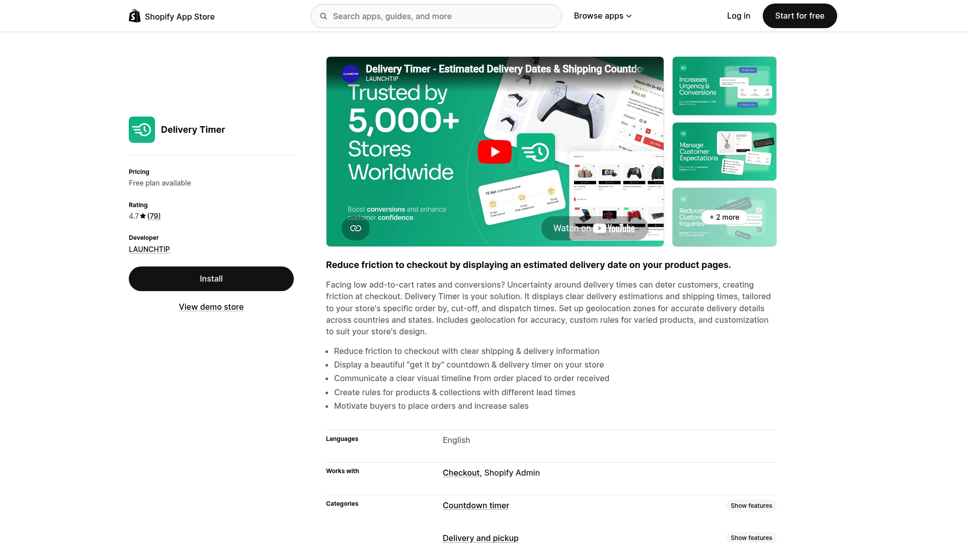 Shopify App Store screenshot related to delivery timer apps