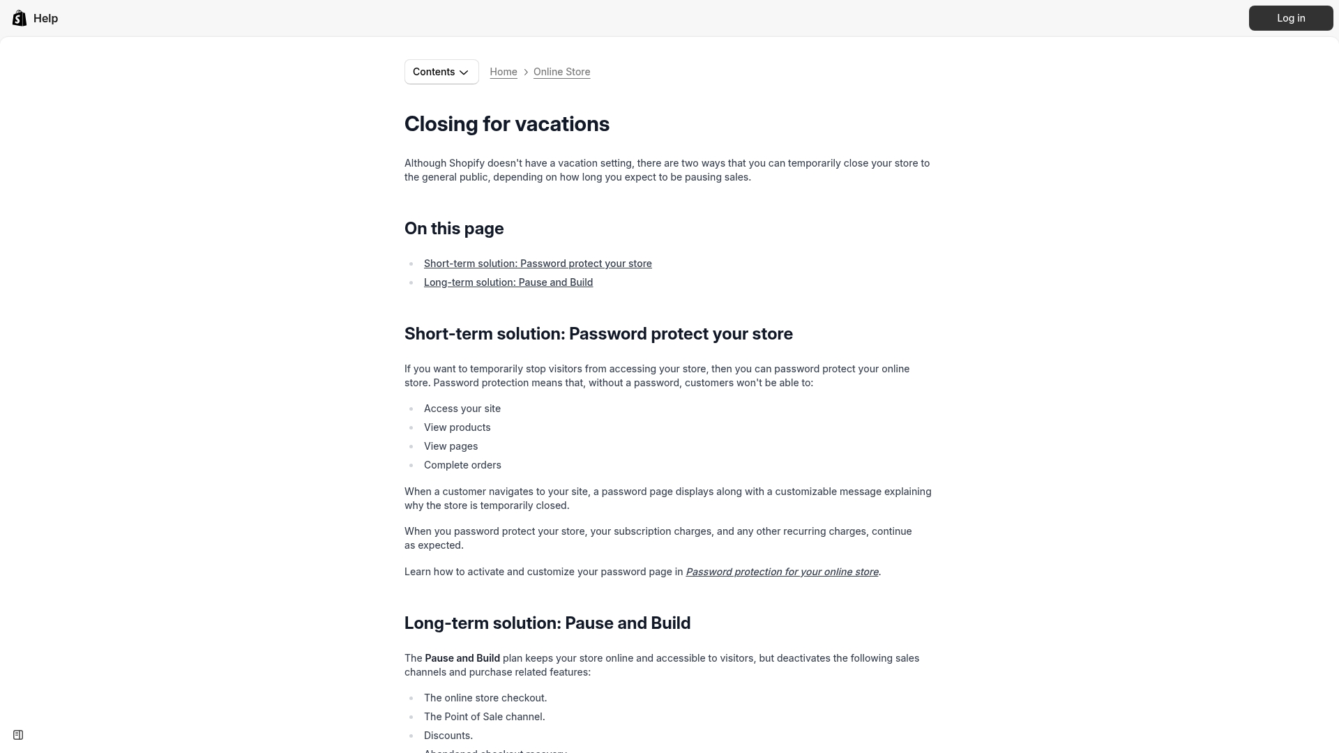 Shopify help page about closing for vacations