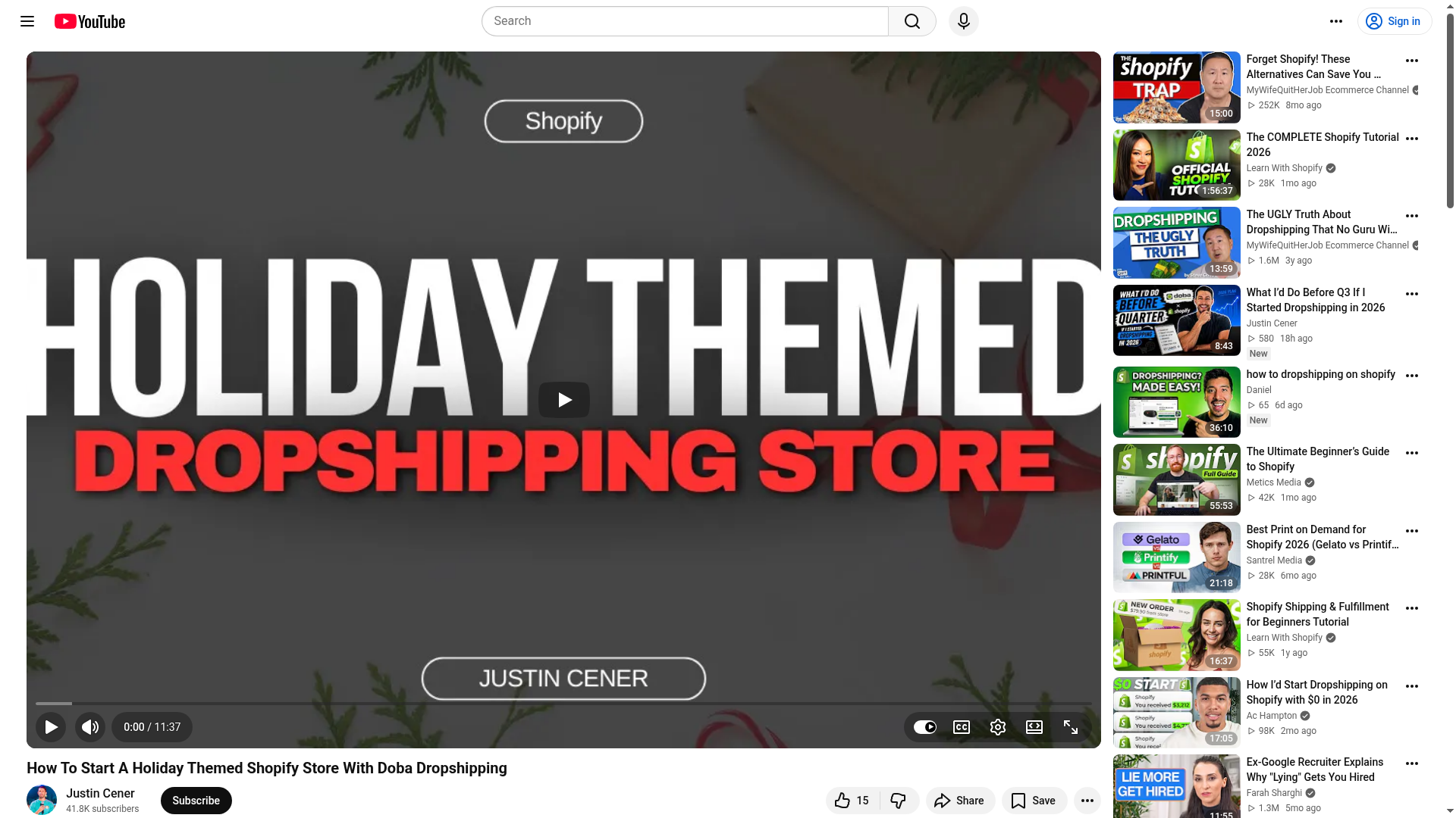 YouTube screenshot related to holiday Shopify store content